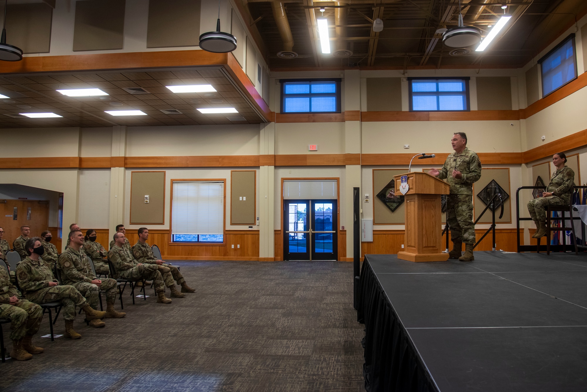 Lt. Col. Darren Damiani, 341st OMRS incoming commander, addresses his squadron for the first time after assuming command during a change of command ceremony June 16, 2021 at Malmstrom Air Force Base, Mont.