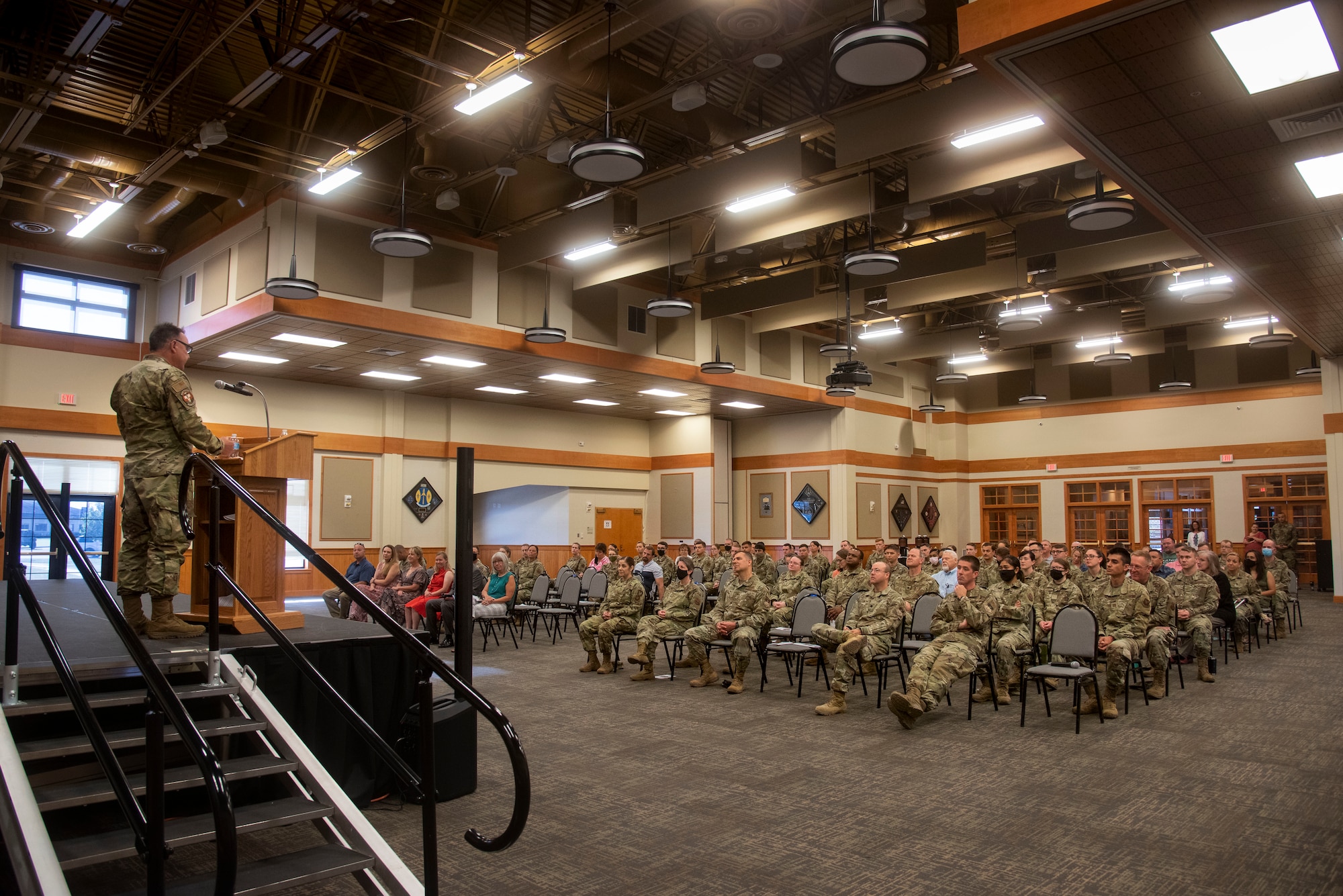 Members of the 341st Operational Medical Readiness Squadron listen to Lt. Col. Darren Damiani, 341st OMRS incoming commander, present remarks after assuming command June 16, 2021 at Malmstrom Air Force Base, Mont.