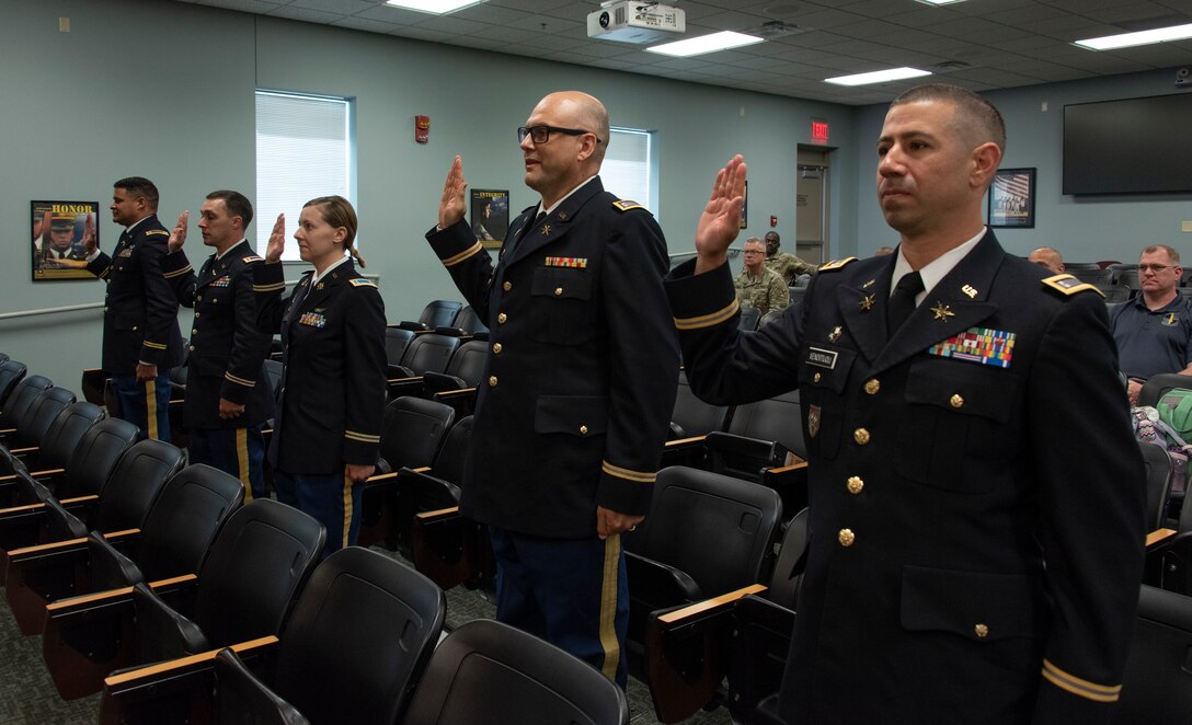 Virginia Army National Guard and U.S. Army Reserve candidates swear in as new warrant officers during a graduation ceremony hosted by the Fort Pickett-based 183rd Regiment, Regional Training Institute June 5, 2021, at Fort Pickett, Virginia.