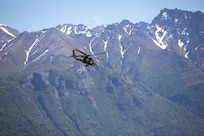 Pilots and crew members of the Alaska Army National Guard's 1st Battalion, 207th Aviation Regiment fly ground search and rescue teams with Alaska Mountain Rescue Group and MAT+SAR Search & Rescue to various locations on Pioneer Peak near Palmer, AK, to search for a missing hiker, June 15, 2021. (U.S. Army National Guard photo by Spc. Grace Nechanicky)