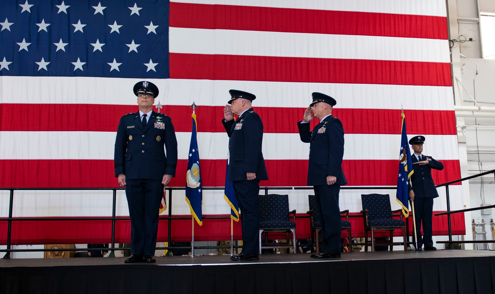 Members of the 509th Bomb Wing, render a salute to U.S. Air Force Maj. Gen. Mark Weatherington, Eighth Air Force and Commander Joint-Global Strike Operations Center, during the 509th BW change of command ceremony, Whiteman Air Force Base, Missouri, June 16, 2021. Eighth Air Force is responsible for the service’s bomber force and airborne nuclear command and control assets. The J-GSOC serves as the central command and control node for all operations within Air Force Global Strike Command, orchestrating warfighting and readiness activities for the Commander, Air Forces Strategic. (U.S. Air Force photo by Airman First Class Victoria Hommel)