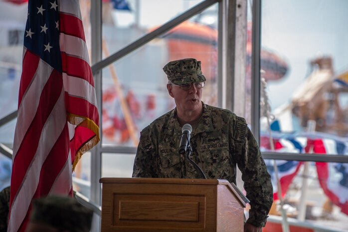 210615-N-KZ419-1132 NAVAL SUPPORT ACTIVITY BAHRAIN (June 15, 2021) Vice Adm. Steven Poulin, commander of Coast Guard Atlantic Area, delivers remarks during the decommissioning ceremony for USCGC Adak (WPB 1333) and USCGC Aquidneck (WPB 1309) onboard Naval Support Activity Bahrain, June 15. Adak and Aquidneck operated in the U.S. 5th Fleet area of operations since 2003 in support of Operation Iraqi Freedom, Enduring Freedom, Inherent Resolve and Spartan Shield. (U.S. Navy photo by Mass Communication Specialist 3rd Class Dawson Roth)