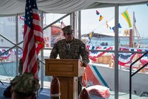 210615-N-KZ419-1252 NAVAL SUPPORT ACTIVITY BAHRAIN (June 15, 2021) Lt. Benjamin Williamsz, commanding officer of USCGC Adak (WPB 1333), delivers remarks during the decommissioning ceremony for Adak and USCGC Aquidneck (WPB 1309) onboard Naval Support Activity Bahrain, June 15. Adak and Aquidneck operated in the U.S. 5th Fleet area of operations since 2003 in support of Operation Iraqi Freedom, Enduring Freedom, Inherent Resolve and Spartan Shield. (U.S. Navy photo by Mass Communication Specialist 3rd Class Dawson Roth)