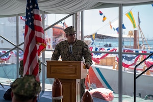 210615-N-KZ419-1252 NAVAL SUPPORT ACTIVITY BAHRAIN (June 15, 2021) Lt. Benjamin Williamsz, commanding officer of USCGC Adak (WPB 1333), delivers remarks during the decommissioning ceremony for Adak and USCGC Aquidneck (WPB 1309) onboard Naval Support Activity Bahrain, June 15. Adak and Aquidneck operated in the U.S. 5th Fleet area of operations since 2003 in support of Operation Iraqi Freedom, Enduring Freedom, Inherent Resolve and Spartan Shield. (U.S. Navy photo by Mass Communication Specialist 3rd Class Dawson Roth)