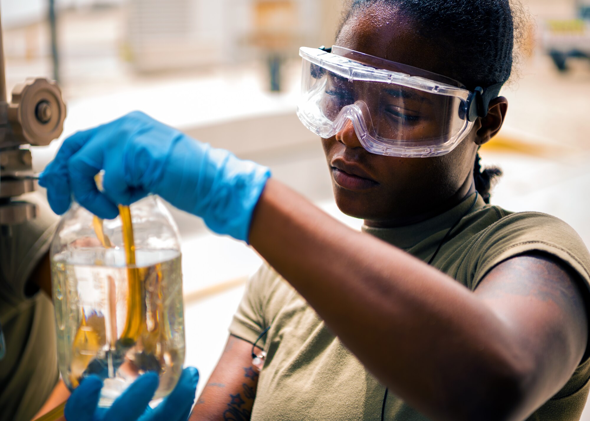 U.S. Air Force Airmen from the 380th Expeditionary Civil Engineer Squadron water & fuel systems maintenance and the 380th Expeditionary Logistic Readiness Squadron fuels flight perform maintenance on a fuels system at Al Dhafra Air Base, United Arab Emirates, June 14, 2021.