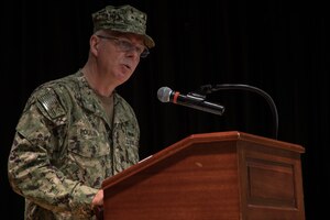 210616-N-YD641-1032 NAVAL SUPPORT ACTIVITY BAHRAIN (June 16, 2021) Vice Adm. Steven Poulin, commander, U.S. Coast Guard Atlantic, gives remarks during a change of command ceremony for Patrol Forces Southwest Asia (PATFORSWA) onboard Naval Support Activity Bahrain, June 16. PATFORSWA is the Coast Guard's largest unit outside of the U.S. playing a key role in supporting Navy security cooperation, maritime security, and maritime infrastructure protection operations in the U.S. 5th Fleet area of operations. (U.S. Navy photo by Mass Communication Specialist 2nd Class Matthew Riggs)