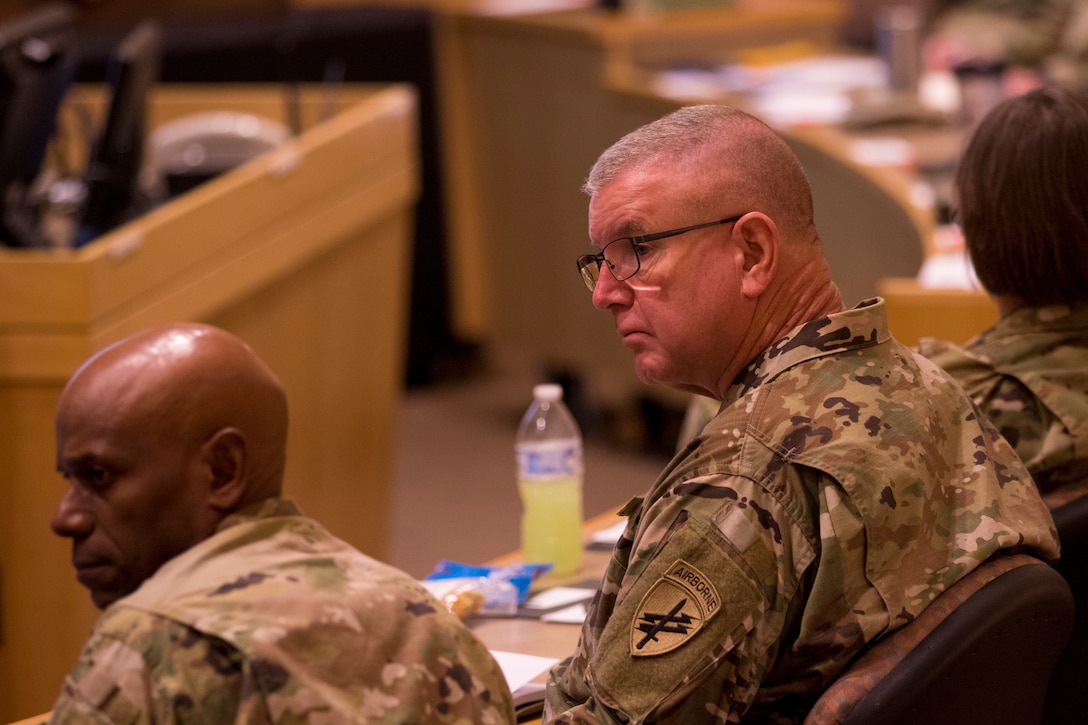 Brig. Gen. Jeffrey Coggin, commanding general of the U.S. Army Civil Affairs and Psychological Operations Command (Airborne) listens to a speaker during the Detainee Operations Training Event held by the 200th Military Police Command here in Southbridge, Massachusetts.  The DOTE is a 4-day event focusing on the mission  and the future state for detainee operations.