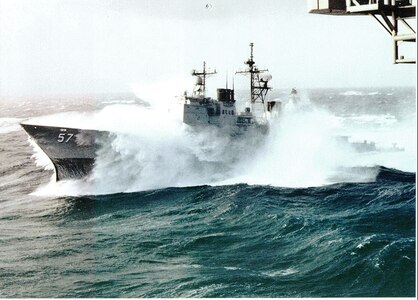 The USS Lake Champlain seen in heavy seas off Cape Horn.