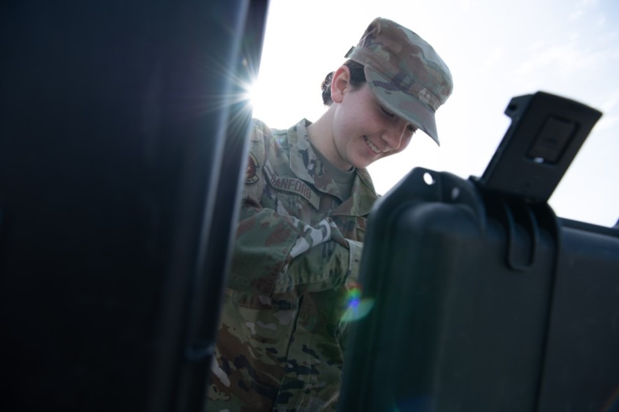 Airman 1st Class Anna-Maria Sanford, a 28th Civil Engineer Squadron emergency management apprentice, prepares gear for exercise Ready Eagle on Ellsworth Air Force Base, S.D., May 14, 2021.
