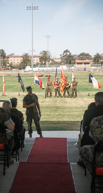 U.S. Marine Corps Lt. Col. Marcos A. Melendez III gives remarks during the CLB-13 change of command ceremony.