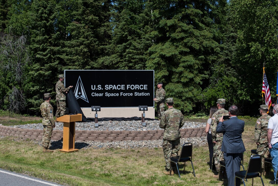 Clear Air Force Station is renamed to Clear Space Force Station, June 15, 2021, Clear SFS, Alaska. The renaming of Clear was one of several Air Force space-centric installations to be redesignated as Space Force installations to establish a distinct culture and identity for the Space Force. (U.S. Air National Guard photo by Tech. Sgt. Adam Keele)