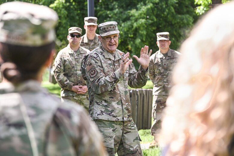 Gen. Arnold W. Bunch, Jr., Air Force Materiel Command commander, speaks to members of the 66th Medical Squadron during a visit to Hanscom Air Force Base, Mass., June 16. Bunch met with MDS personnel to thank them for their support to the Hanscom community during the COVID crisis. (U.S. Air Force photo by Todd Maki)