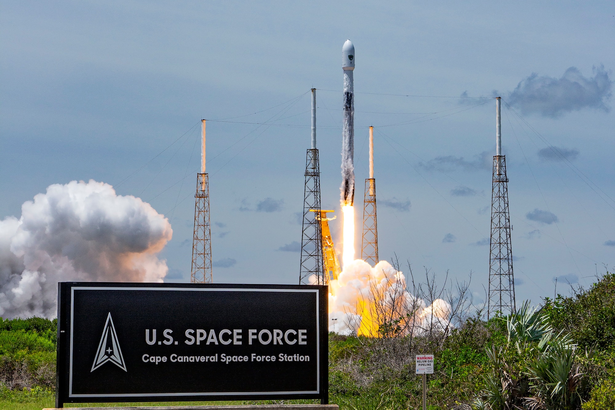 Under the power of nine Merlin engines, a SpaceX Falcon 9 launch vehicle, lifts off from Space Launch Complex-40 at Cape Canaveral Space Force Station at 12:09 p.m. EDT (9:09 am. PDT) June 17, carrying the fifth Lockheed Martin-built Global Positioning Systems (GPS) III Space Vehicle (SV05) into Medium Earth Orbit for the U.S. Space Force. (Courtesy Photo by SpaceX)