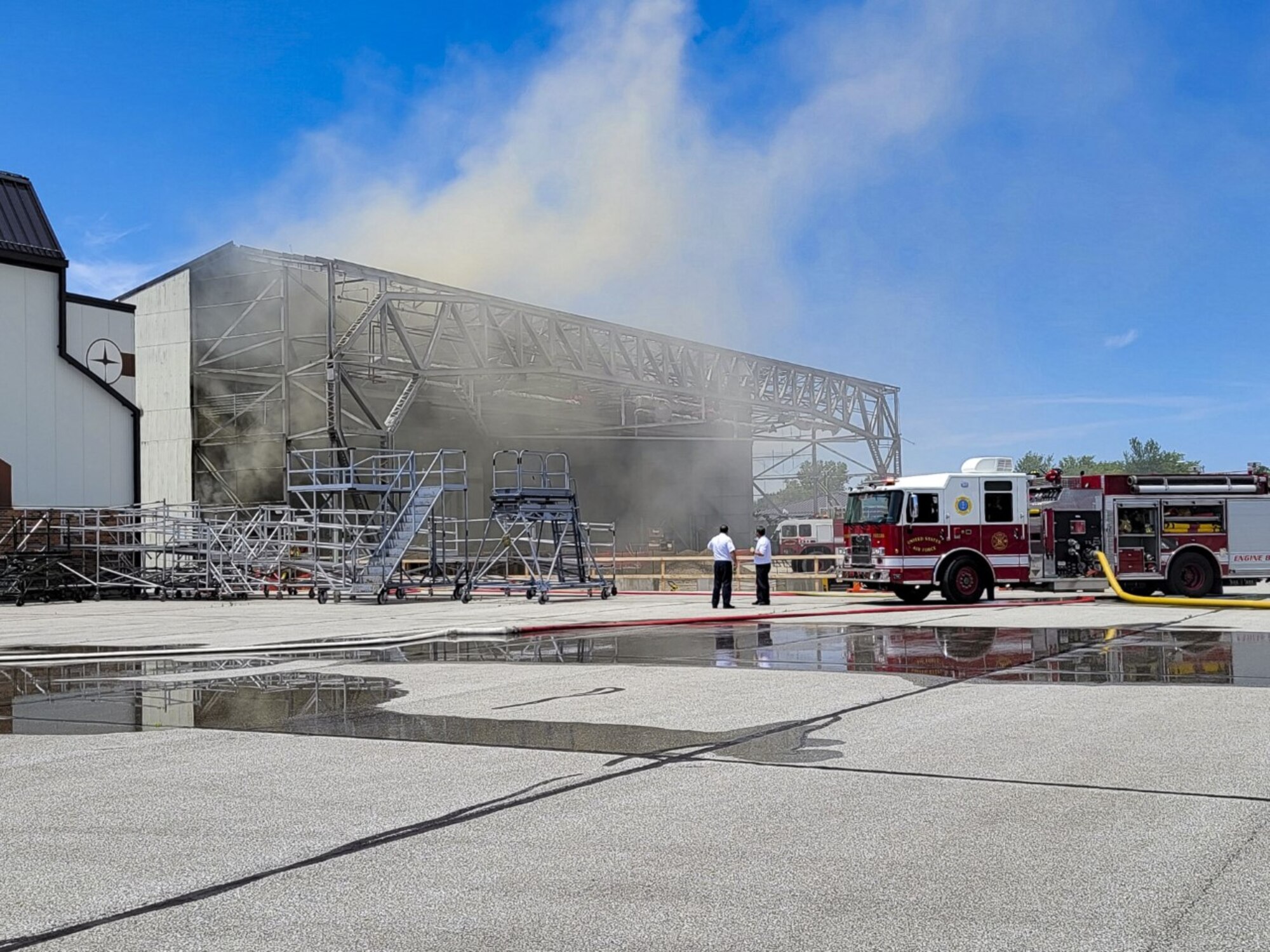 One person suffered minor smoke inhalation injuries when a fire broke out in Dock 5 at Grissom ARB. 
The fire began at approximately 2:15 p.m. and was located in an aircraft hangar that is undergoing extensive renovation. No aircraft were affected. (Air Force photo/Staff Sgt. Chris Massey)