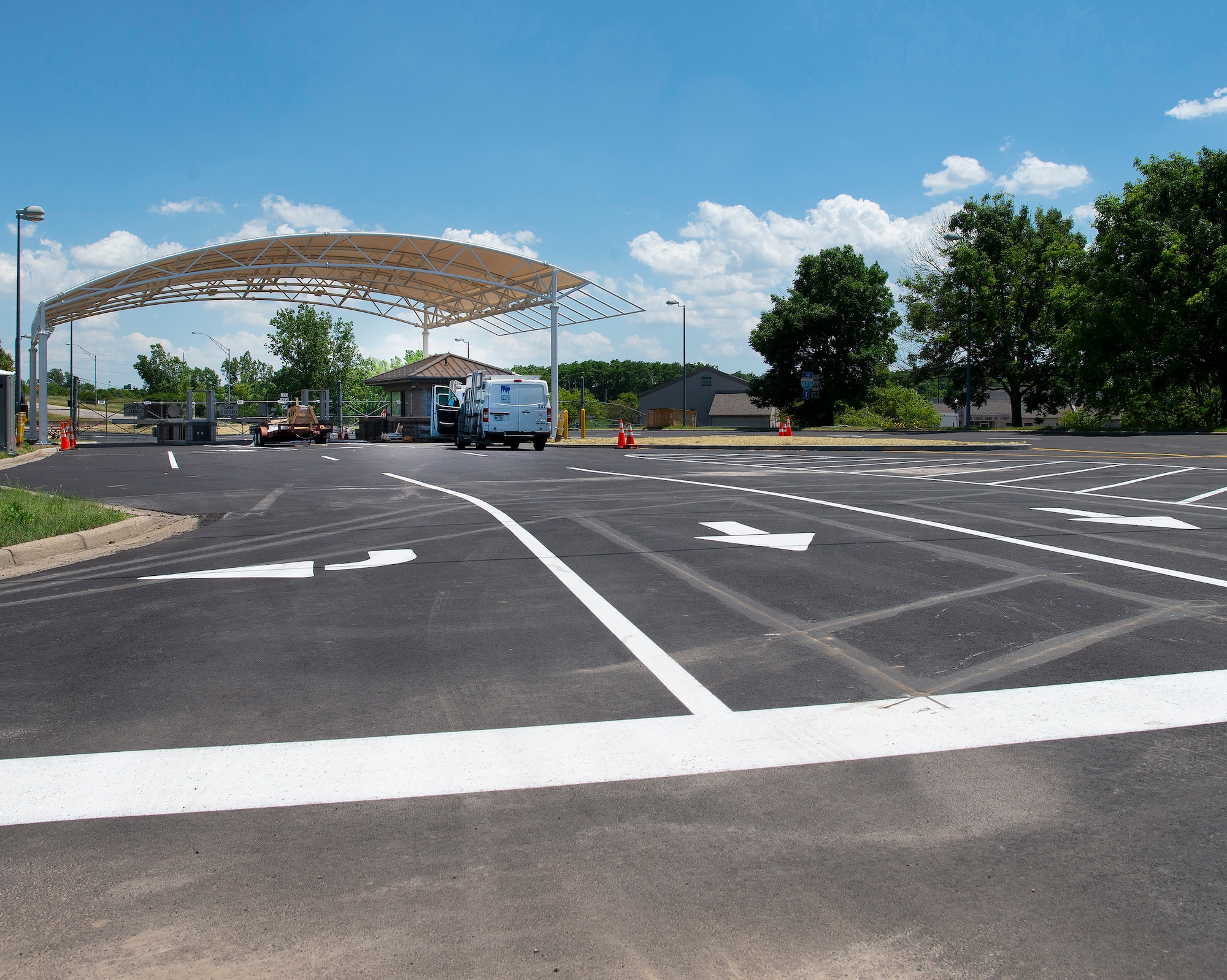 Freshly painted lanes are seen June 14 on the inbound lanes of Gate 15A at Wright-Patterson Air Force Base in preparation of its reopening Monday. (U.S. Air Force photo by R.J. Oriez)