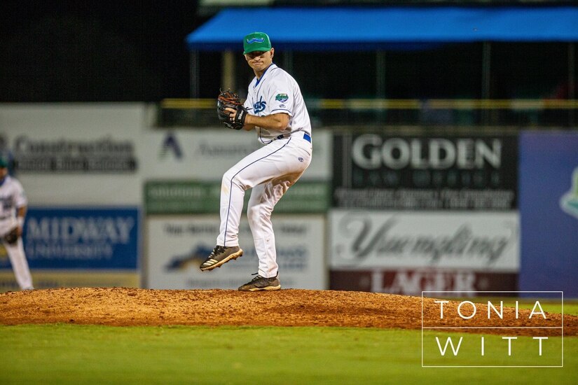 1st Lt. Bryan Fuller takes the mound during a Lexington Legends baseball game