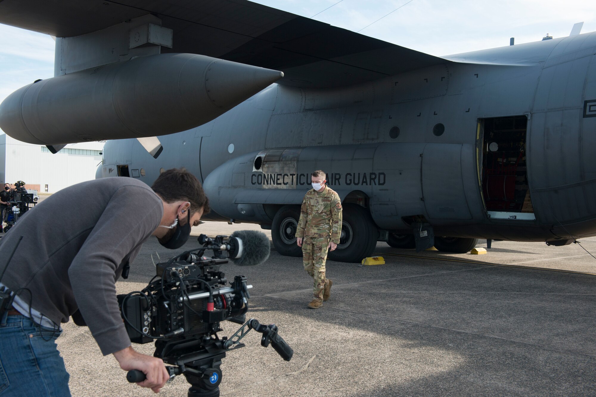 Tech. Sgt. Leon Bardwell, III, a loadmaster assigned to the 103rd Airlift Wing, participates in a video shoot for a commercial to promote the Air National Guard, April 7, 2021 at Bradley Air National Guard Base, Connecticut. The commercial, part of the ‘Serve Your Way’ campaign, highlights how and why Air National Guard members serve in the Guard. (U.S. Air National Guard photo by Master Sgt. Tamara R. Dabney)