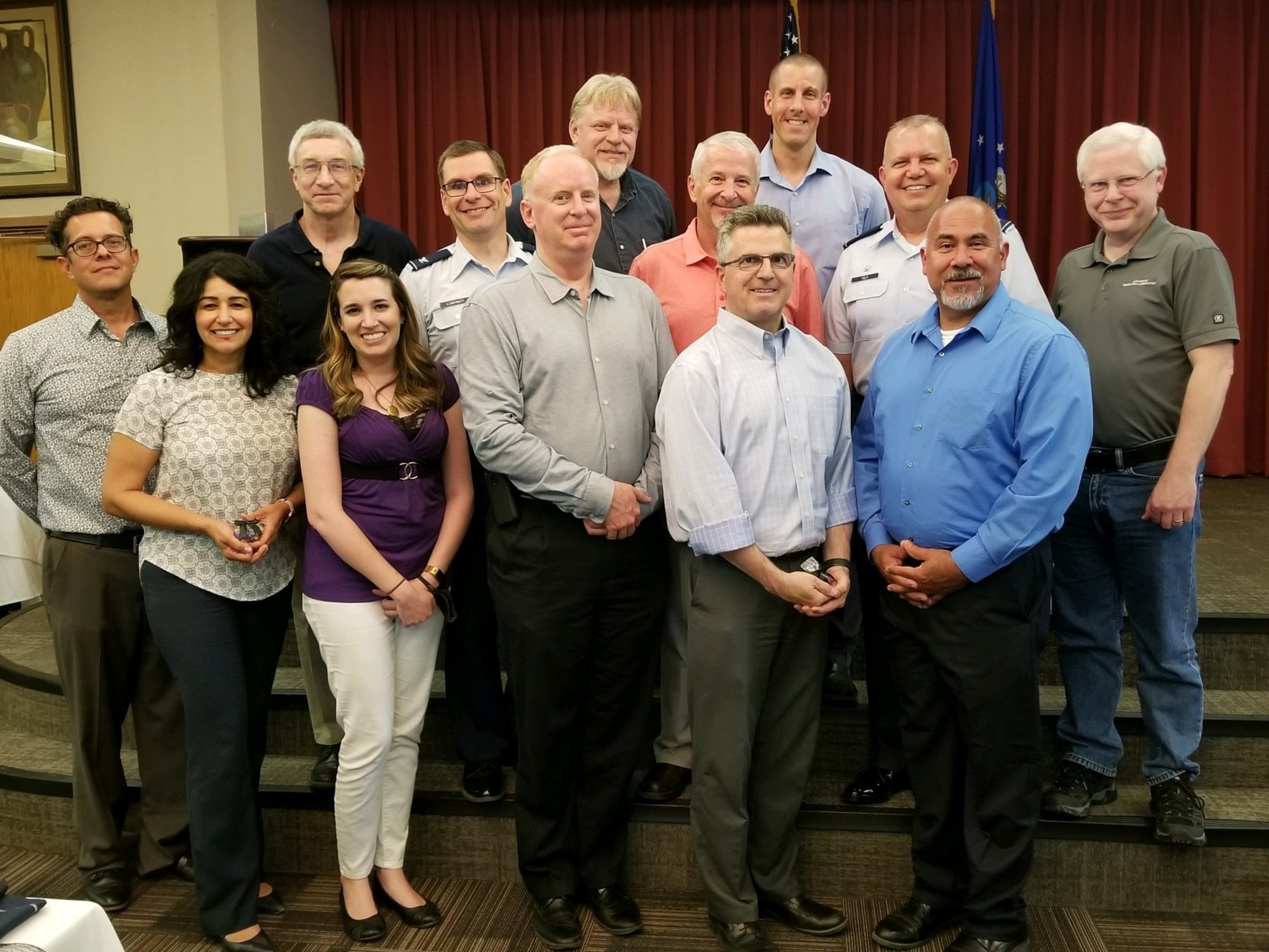 Air Force Research Laboratory Space Vehicles Directorate Demonstration and Science Experiments spacecraft senior leadership and program management team members, from the present and past, gather for the DSX end of life celebration June 7 at Kirtland AFB, N.M. (Courtesy photo)