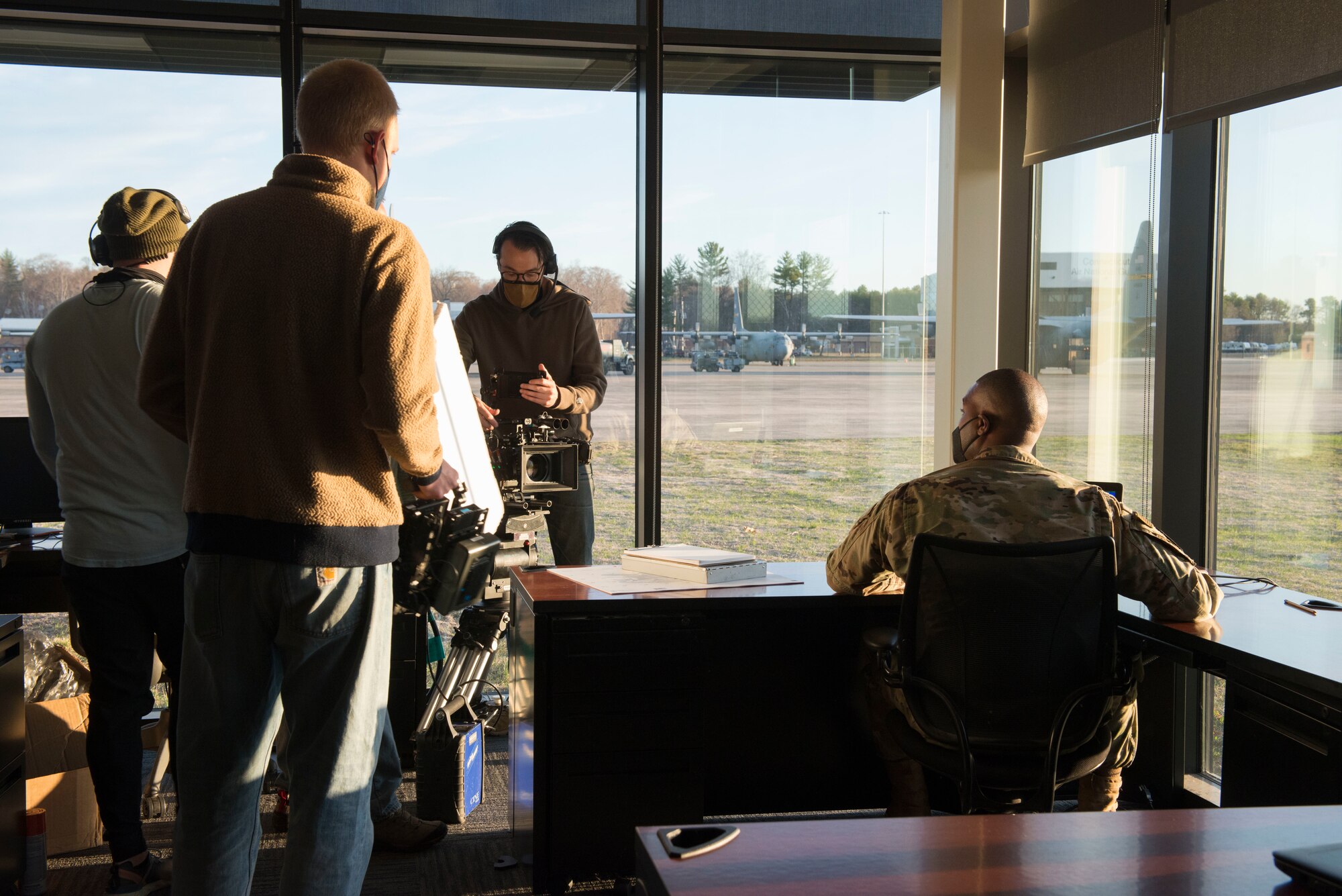 2nd Lt. Jeremi Johnson , an Intelligence Officer with the 103rd Operations Support Squadron, participates in a video shoot for a commercial to promote the Air National Guard, April 7, 2021 at Bradley Air National Guard Base, Connecticut. The commercial, part of the ‘Serve Your Way’ campaign, highlights how and why Air National Guard members serve in the Guard. (U.S. Air National Guard photo by Master Sgt. Tamara R. Dabney)