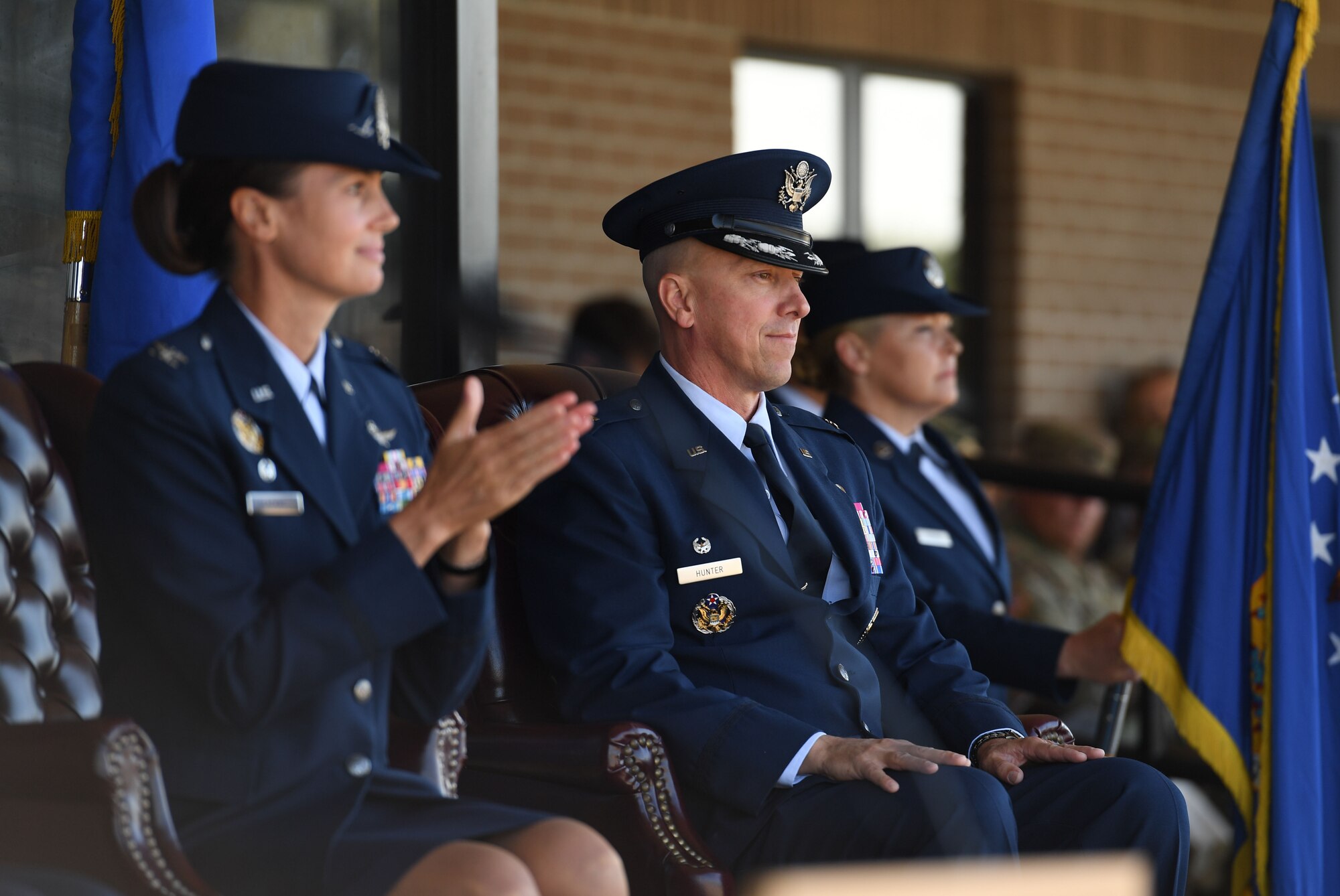 U.S. Air Force Col. William Hunter, incoming 81st Training Wing commander, looks on during a change of command ceremony on the Levitow Training Support Facility drill pad at Keesler Air Force Base, Mississippi, June 17, 2021. Hunter assumed command of the 81st TRW from Col. Heather Blackwell. (U.S. Air Force photo by Kemberly Groue)