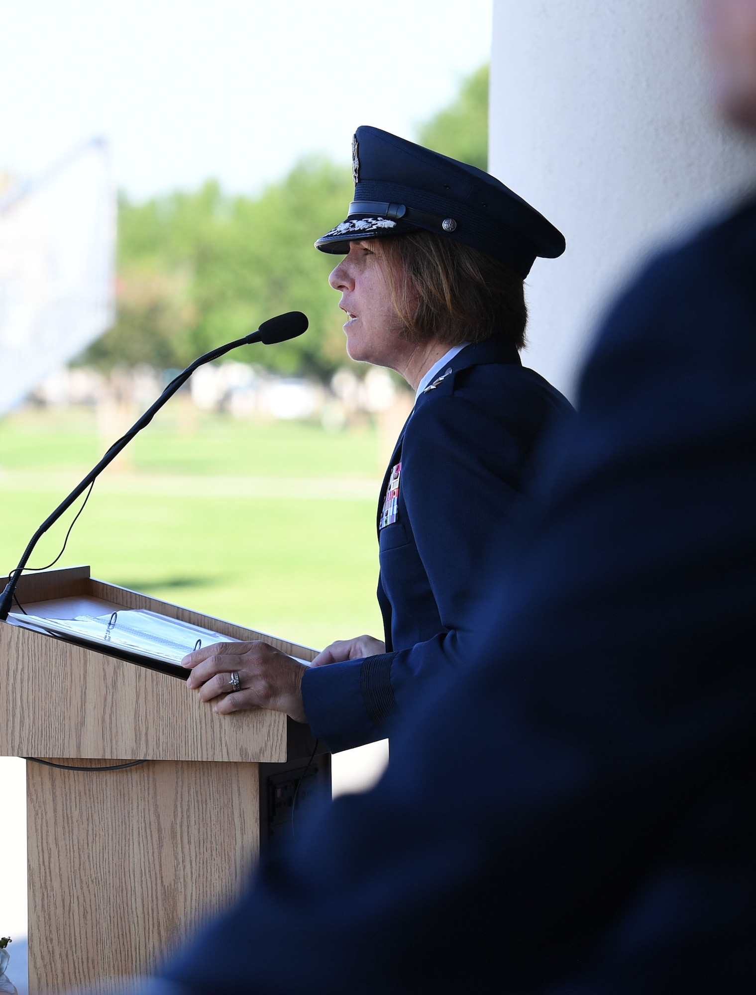 U.S. Air Force Maj. Gen. Andrea Tullos, Second Air Force commander, delivers remarks during the 81st Training Wing change of command ceremony on the Levitow Training Support Facility drill pad at Keesler Air Force Base, Mississippi, June 17, 2021. Col. Heather Blackwell relinquished command of the 81st TRW to Col. William Hunter. (U.S. Air Force photo by Kemberly Groue)