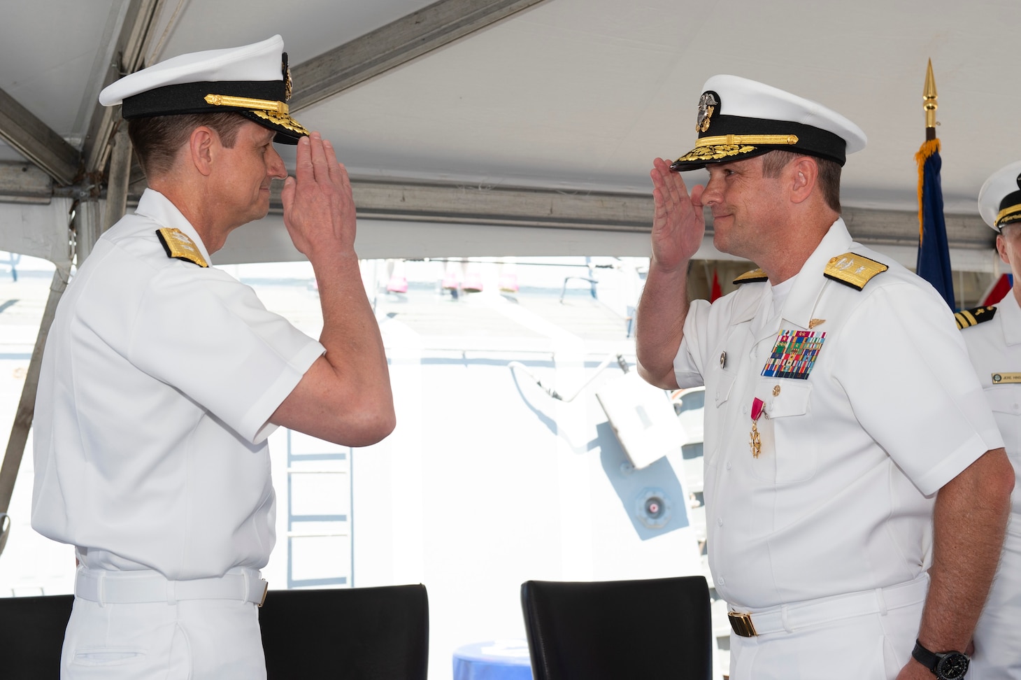 Rear Adm. Craig Clapperton, Commander, Carrier Strike Group (CSG) 12, requests to be relieved by Rear Adm. Gregory Huffman during the CSG-12