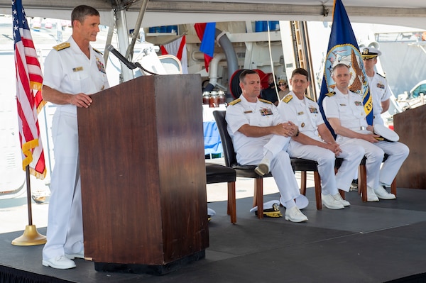 Vice Adm. Andrew Lewis, Commander, U.S. 2nd Fleet, speaks during the Carrier Strike Group (CSG) 12 Change of Command ceremony
