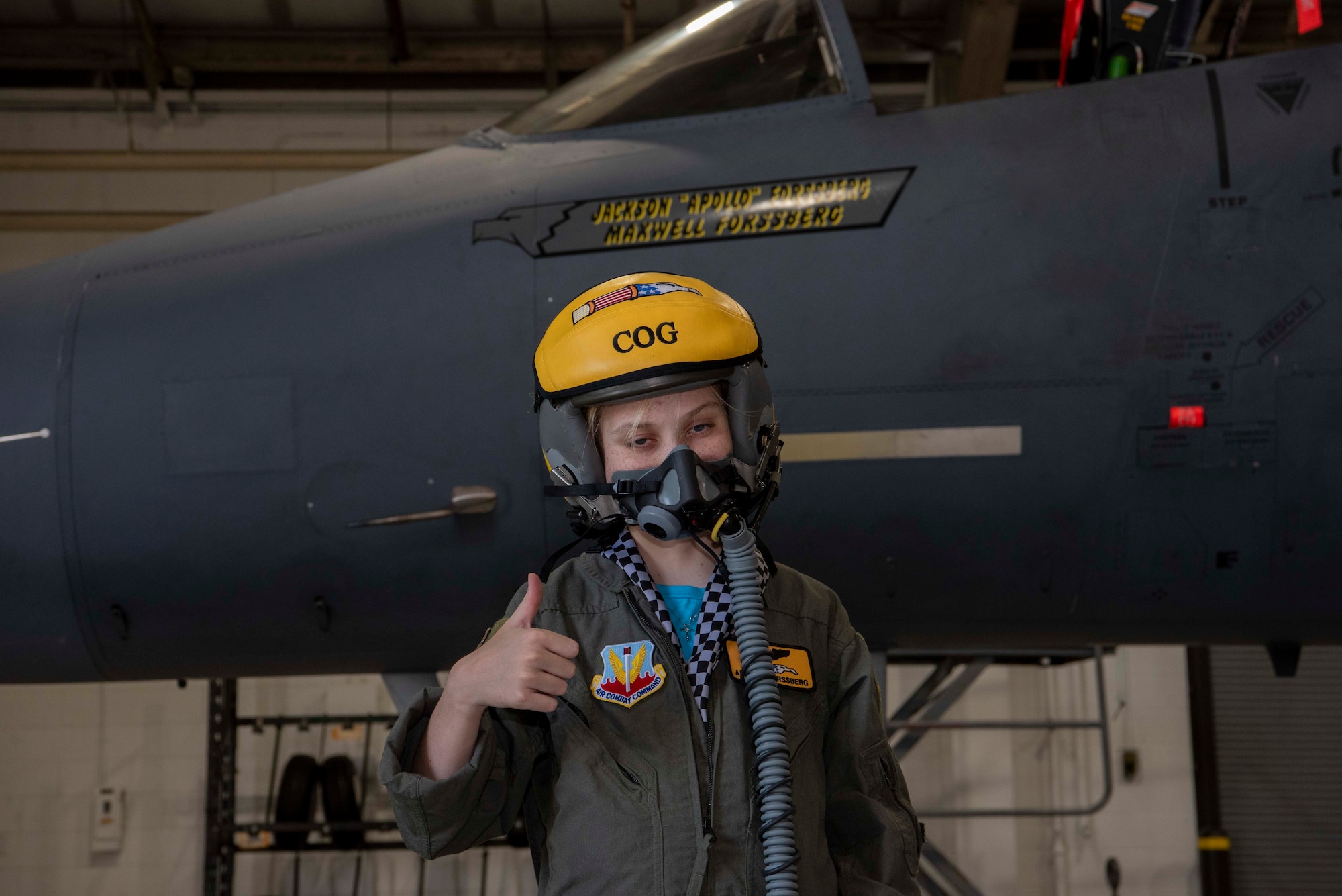 Jackson Forrsberg gives a thumbs up during the Pilot for a Day program at Seymour Johnson Air Force Base, North Carolina, June 17, 2021
