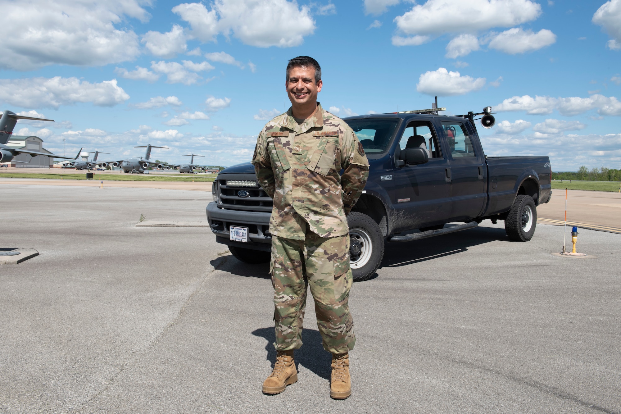 U.S. Air Force Senior Master Sgt. Alan Romero, the airfield manager with the 167th Operations Support Group, is responsible for the ramp and airfield at the 167th Airlift Wing, Martinsburg, West Virginia, May 12, 2021. Airfield management's role not only impacts military operations, but civilian aviation as well.