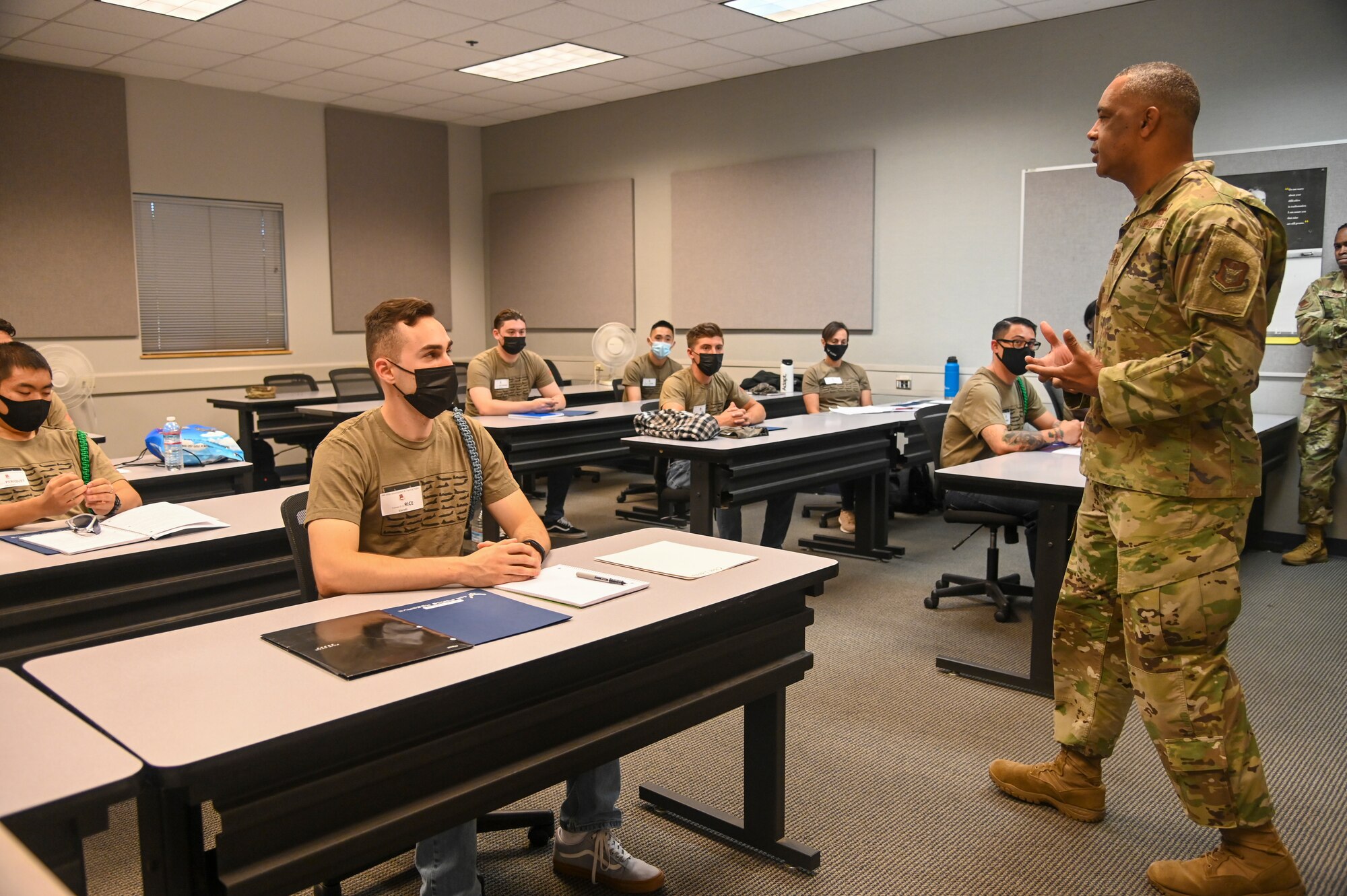 Chief Master Sgt. Timothy C. White Jr., command chief master sergeant, Air Force Reserve Command, Robins Air Force Base, Georgia, speaks with the 940th Air Refueling Wing Development and Training Flight, Beale AFB, June 12, 2021, at Beale AFB, California.