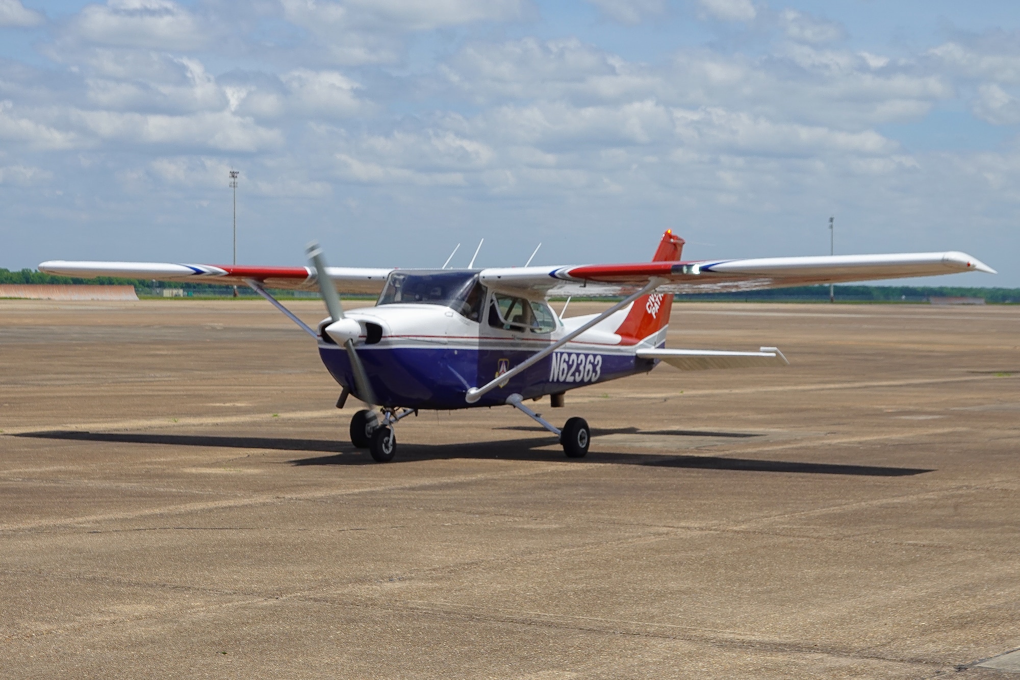 A Civil Air Patrol Cessna 182 Skylane, prepares for take-off during a Mid-Air Collision Avoidance safety flight at Barksdale Air Force Base, Louisiana, May 28, 2021. Introduced in 1956, the Cessna 182 has been produced in a number of variants, including a version with retractable landing gear, and is the second most popular Cessna model still in production, after the Cessna 172. (Courtesy photo by Capt. Dustin Martin)