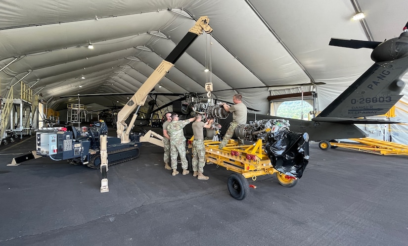 Approximately 145 aviation maintenance Soldiers with B Co., 248th Aviation Support Battalion, 29th Combat Aviation Brigade, 29th Infantry Division, Iowa, Virginia, and West Virginia National Guards, honed their skills repairing helicopters at Muir Army Airfield June 1 to 15 at Fort Indiantown Gap. (U.S. Army National Guard courtesy photo)