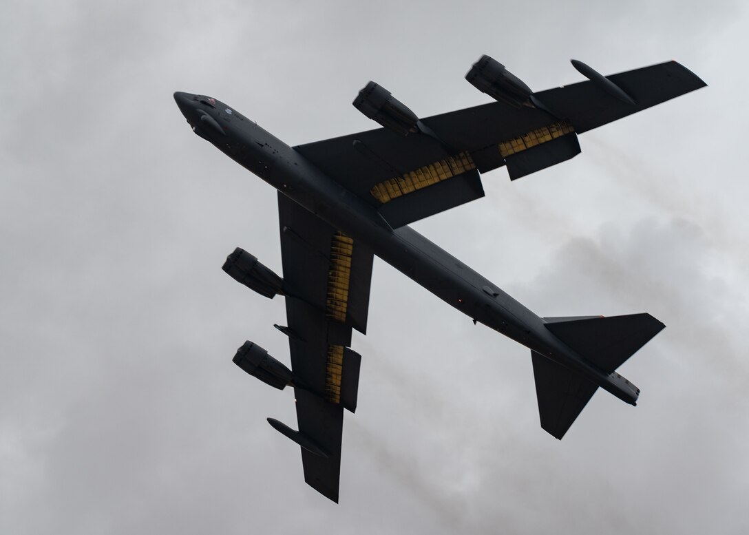 A B-52H Stratofortress, assigned to the 2nd Bomb Wing, Barksdale Air Force Base, Louisiana, takes off out of Morón Air Base, Spain, after a successful Bomber Task Force Europe June 17, 2021.