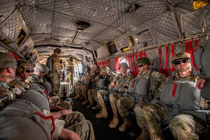 U.S Army Paratroopers assigned to the Utah National Guard prepare for a joint jump with the Utah National Guard’s 19th Special Forces Group (Airborne) and Royal Moroccan Army Paratroopers at Ben Guerir Air Base, Morocco, June 10, 2021.