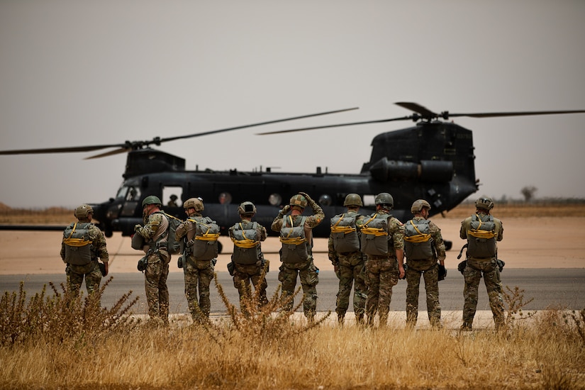 U.S Army Paratroopers assigned to the Utah National Guard prepare for a joint jump with the Utah National Guard’s 19th Special Forces Group (Airborne) and Royal Moroccan Army Paratroopers at Ben Guerir Air Base, Morocco, June 10, 2021.