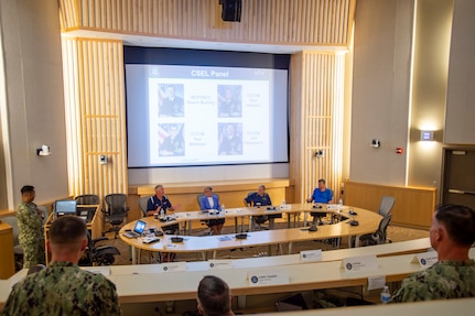 Fleet Master Chief (Ret.) Tom Howard, Fleet Master Chief (Ret.) Suz Whitman, Master Chief Petty Officer of the Navy (Ret.) Duane Bushey, and Fleet Master Chief (Ret.) Jon Thompson speak with 17 command master chief petty officers during a Senior Enlisted Executive Leadership Symposium held at U.S. Fleet Forces Command, June 15 - 17, 2021.