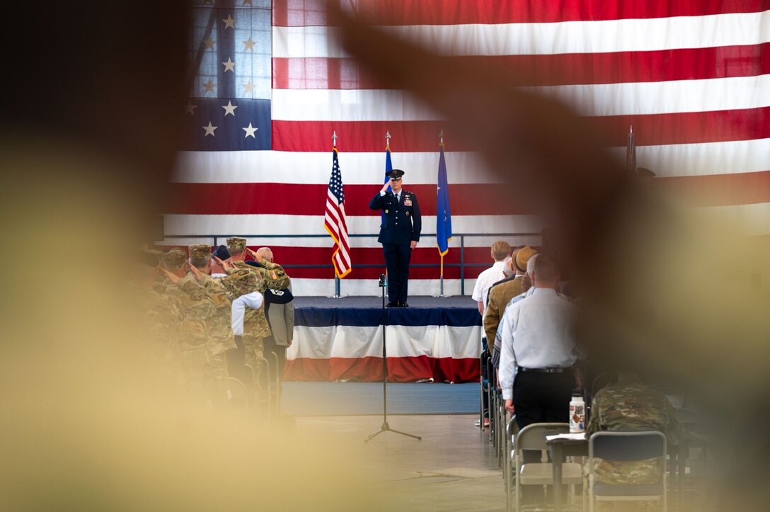 Maj. Gen. Mark E. Weatherington, 8th Air Force and Joint-Global Strike Operations Center commander, renders a salute during the playing of Ruffles and Flourishes at the 28th Bomb Wing change of command ceremony at Ellsworth Air Force Base, S.D., June 18, 2021.