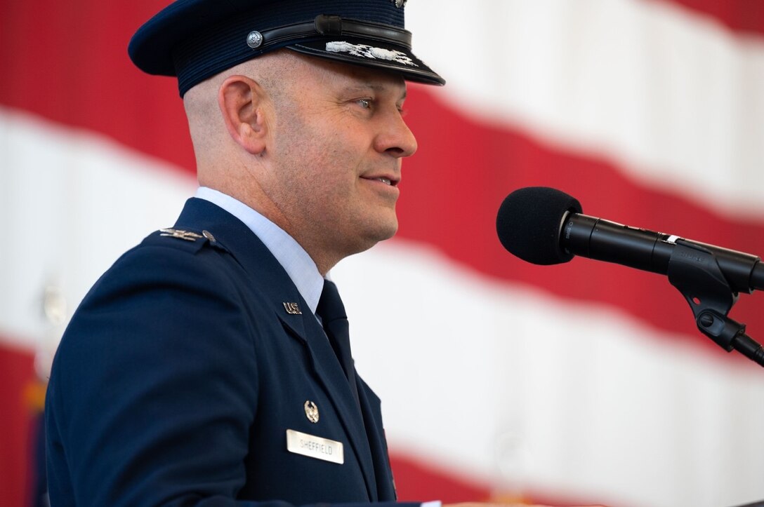 Col. Joseph L. Sheffield, the new commander of the 28th Bomb Wing, addresses the audience during the change of command ceremony at Ellsworth Air Force Base, S.D., June 18, 2021.
