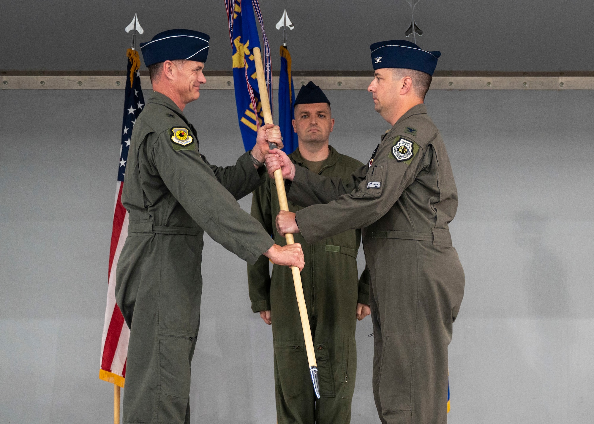 Air Force colonel passes unit guidon to Air Force general