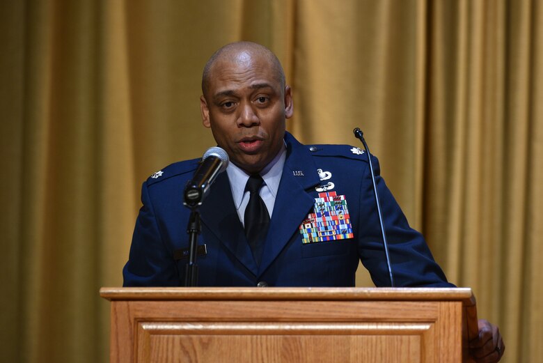 U.S. Air Force Lt. Col. Erwin Mason, incoming 316th Training Squadron commander, speaks during the change of command ceremony at the Base Theater on Goodfellow Air Force Base, Texas, June 18, 2021. The 316th TRS trains, develops intelligence, surveillance, and reconnaissance cryptologic leaders. (U.S. Air Force photo by 2nd Lt. Steve Garrett)