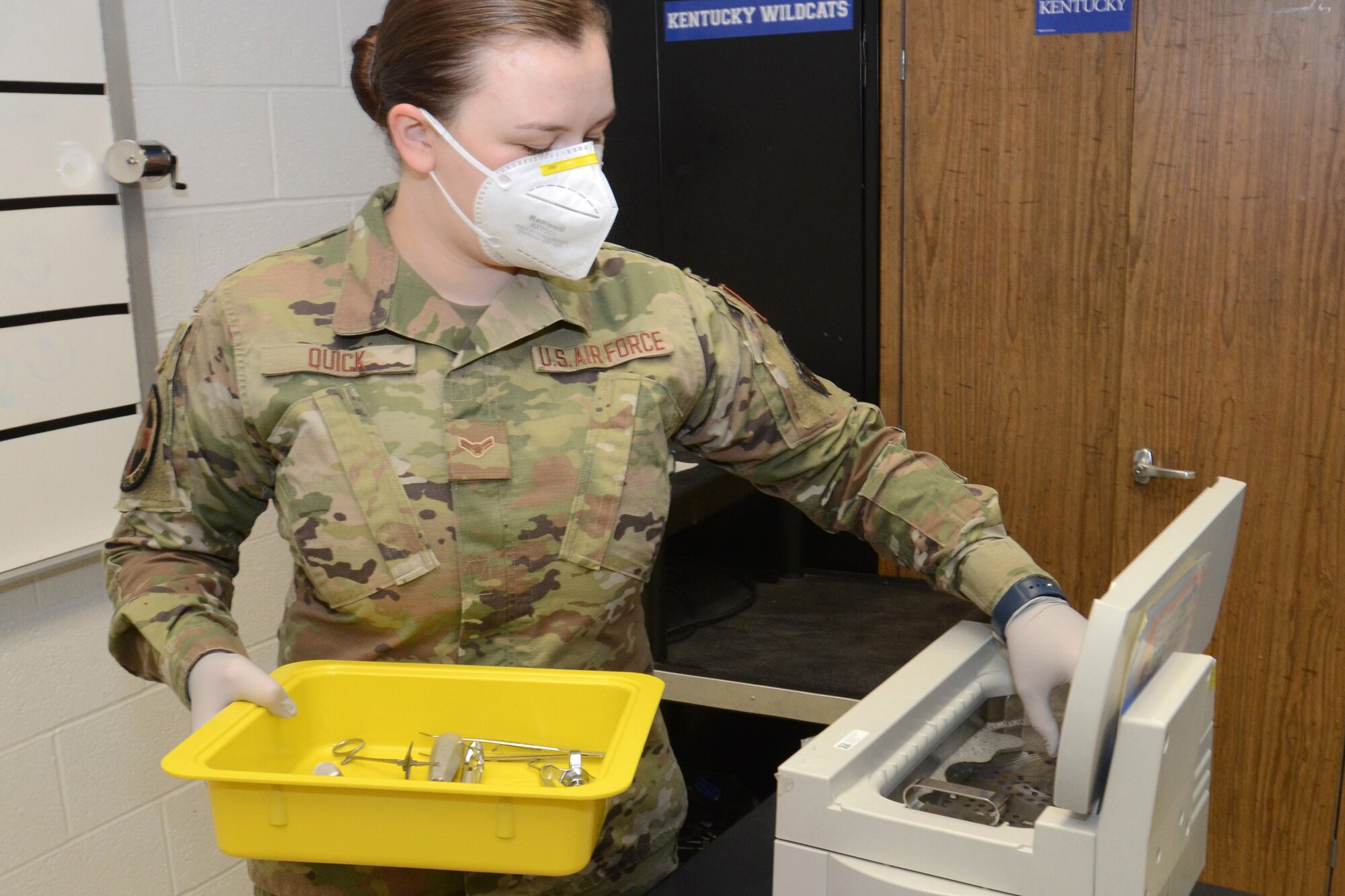 U.S. Air Force Airman 1st Class Madison Quick, assigned to the 169th Fighter Wing, McEntire Joint National Guard Base, South Carolina, supports Operation Healthy Delta, a Department of Defense sponsored Innovative Readiness Training program designed to provide military training opportunities by providing key services to local citizens. Quick is sterilizing dental equipment in the lab at Massac County High School, Metropolis, Illinois June 16, 2021. (U.S. Air National Guard photo by Lt. Col. Jim St.Clair, 169th Fighter Wing Public Affairs)