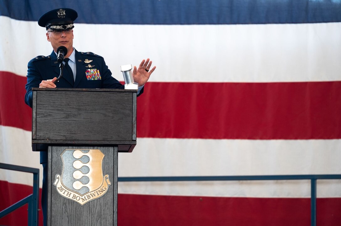 Maj. Gen. Mark E. Weatherington, 8th Air Force and Joint-Global Strike Operations Center commander, provides remarks at the 28th Bomb Wing change of command ceremony at Ellsworth Air Force Base, S.D., June 18, 2021.