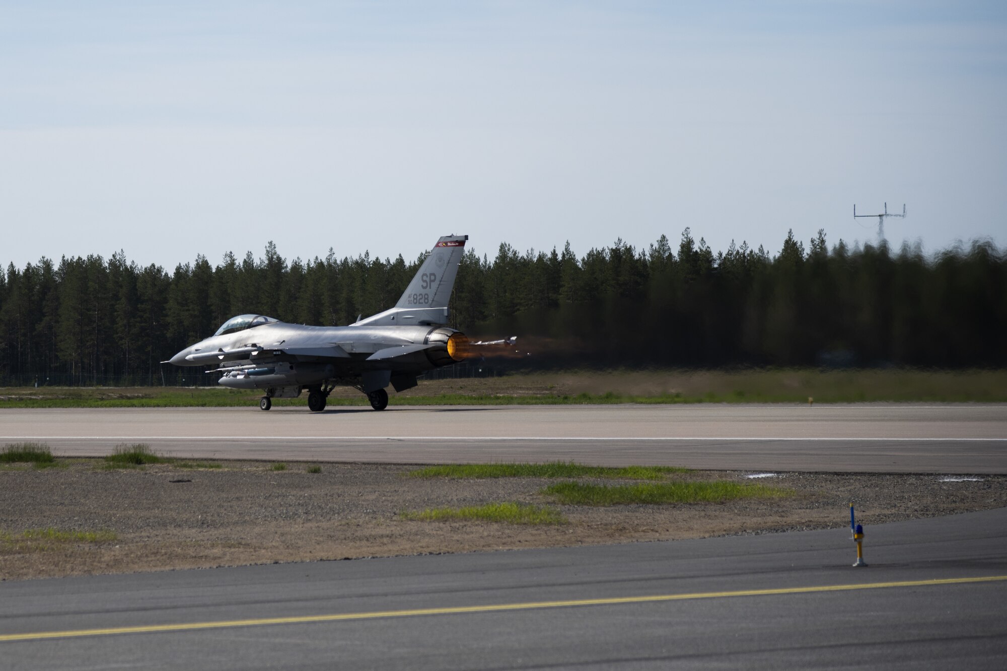 A U.S. Air Force F-16 from the 480th Fighter Squadron at Spangdahlem Air Base, Germany, takes off from the runway at Kallax Air Base, Sweden, June 8, 2021. Airmen from the 52nd Fighter Wing deployed to Sweden to participate in the Norwegian-led Arctic Challenge Exercise 2021 with  NATO and nordic allies. (U.S. Air Force photo by Senior Airman Ali Stewart)