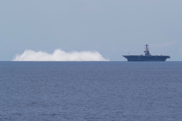 The aircraft carrier USS Gerald R. Ford (CVN 78) completes the first scheduled explosive event of Full Ship Shock Trials while underway in the Atlantic Ocean, June 18, 2021.