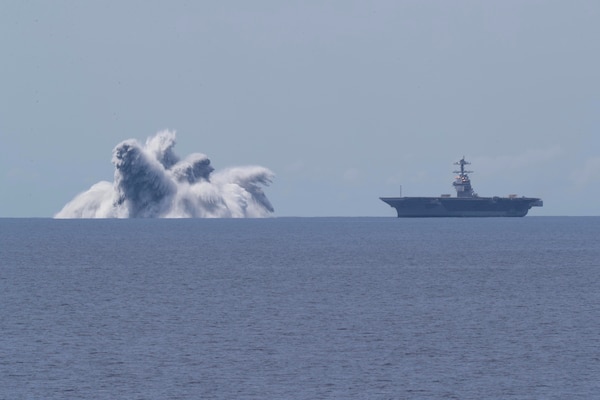 The aircraft carrier USS Gerald R. Ford (CVN 78) completes the first scheduled explosive event of Full Ship Shock Trials while underway in the Atlantic Ocean, June 18, 2021.