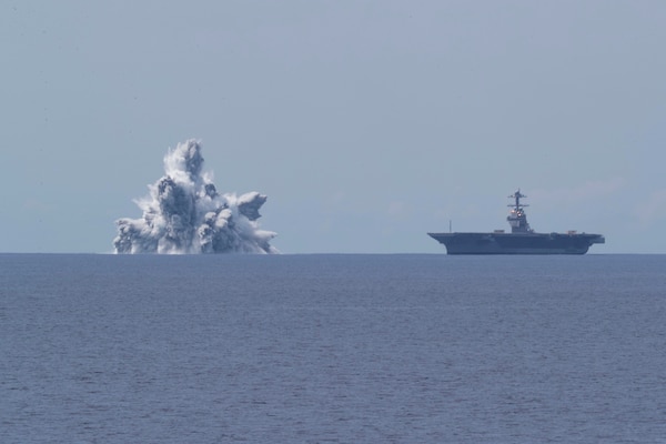 The aircraft carrier USS Gerald R. Ford (CVN 78) completes the first scheduled explosive event of Full Ship Shock Trials while underway in the Atlantic Ocean, June 18, 2021.