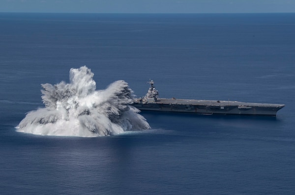 The aircraft carrier USS Gerald R. Ford (CVN 78) completes the first scheduled explosive event of Full Ship Shock Trials while underway in the Atlantic Ocean, June 18, 2021.