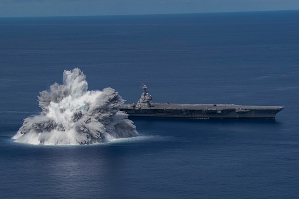 The aircraft carrier USS Gerald R. Ford (CVN 78) completes the first scheduled explosive event of Full Ship Shock Trials while underway in the Atlantic Ocean, June 18, 2021.