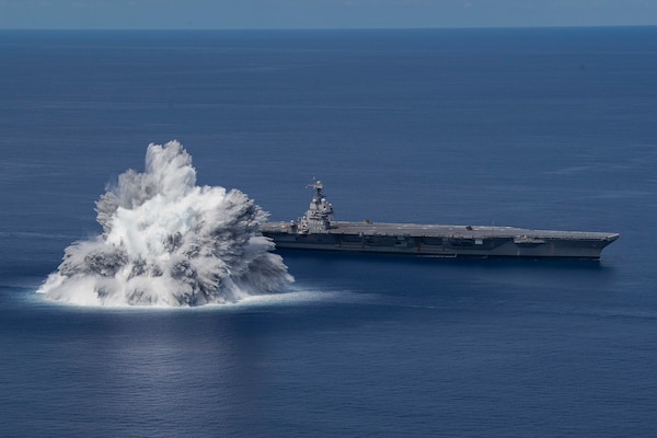 The aircraft carrier USS Gerald R. Ford (CVN 78) completes the first scheduled explosive event of Full Ship Shock Trials while underway in the Atlantic Ocean, June 18, 2021.