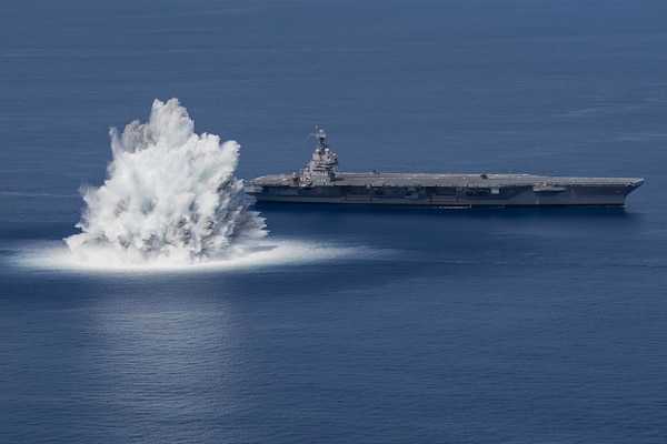 The aircraft carrier USS Gerald R. Ford (CVN 78) completes the first scheduled explosive event of Full Ship Shock Trials while underway in the Atlantic Ocean, June 18, 2021.